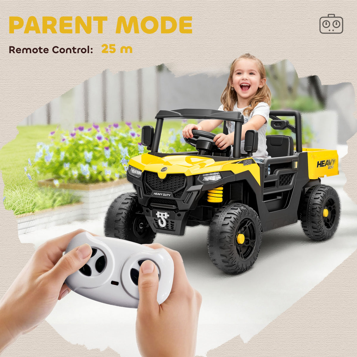 AIYAPLAY Kids Ride on Car, 12V Electric Kids UTV with Electric Dump Bed, 4-Wheel Suspension for 3-8 Years, Yellow