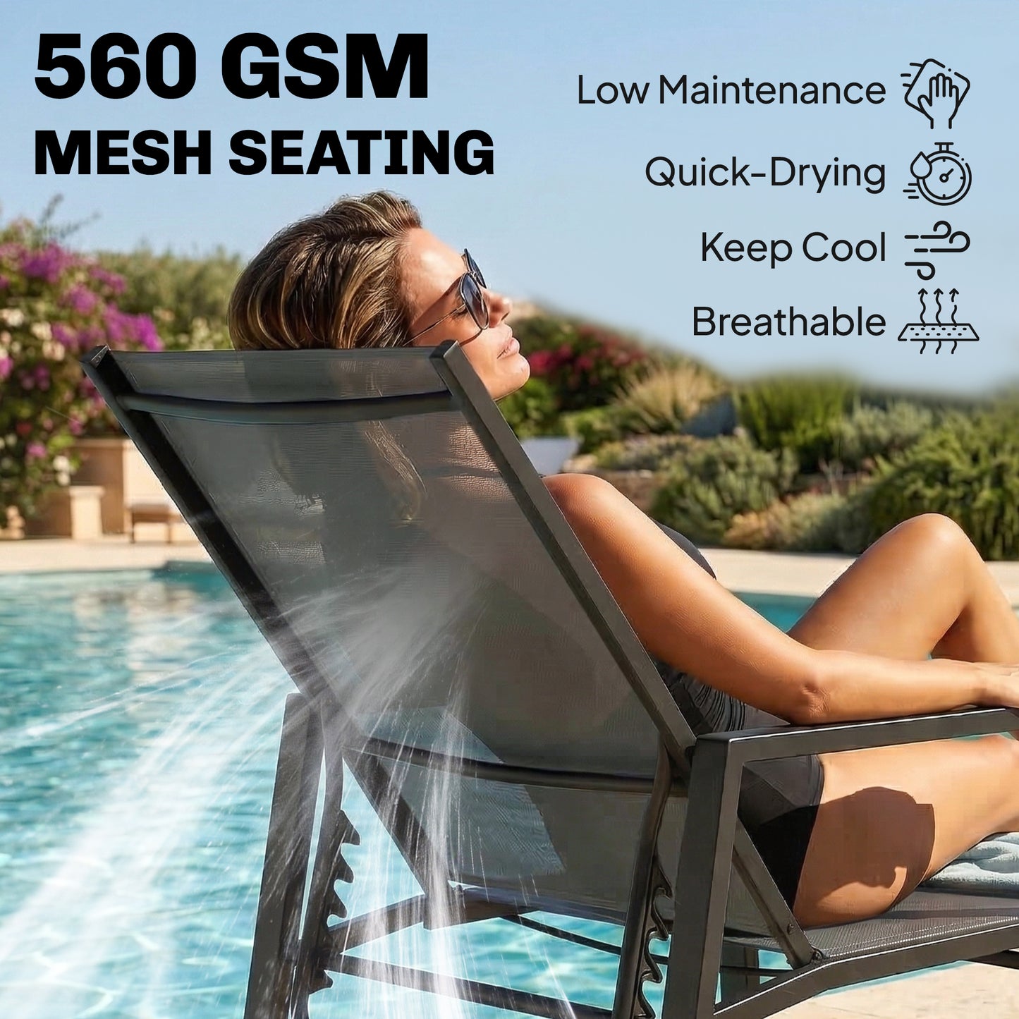 Outsunny Sun Loungers Set of 2 Retractable Footrest 5-Position Adjustable Steel Frame for Beach, Porch, Patio, Camping, Dark Grey