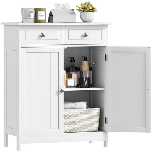 White storage cabinet with two drawers, open doors, adjustable shelf and bathroom items inside