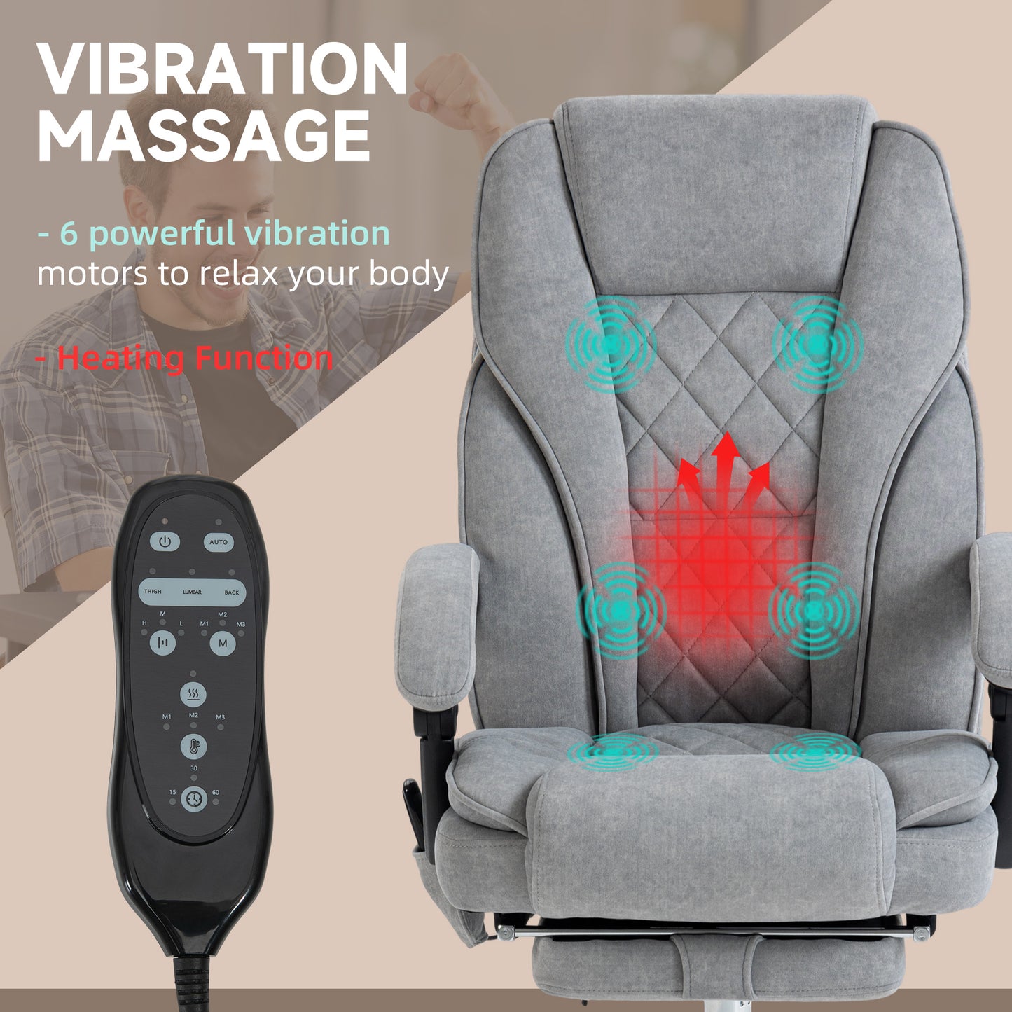 Vinsetto Massage Office Chair, Heated Reclining Computer Chair with Adjustable Height and Footrest, Grey