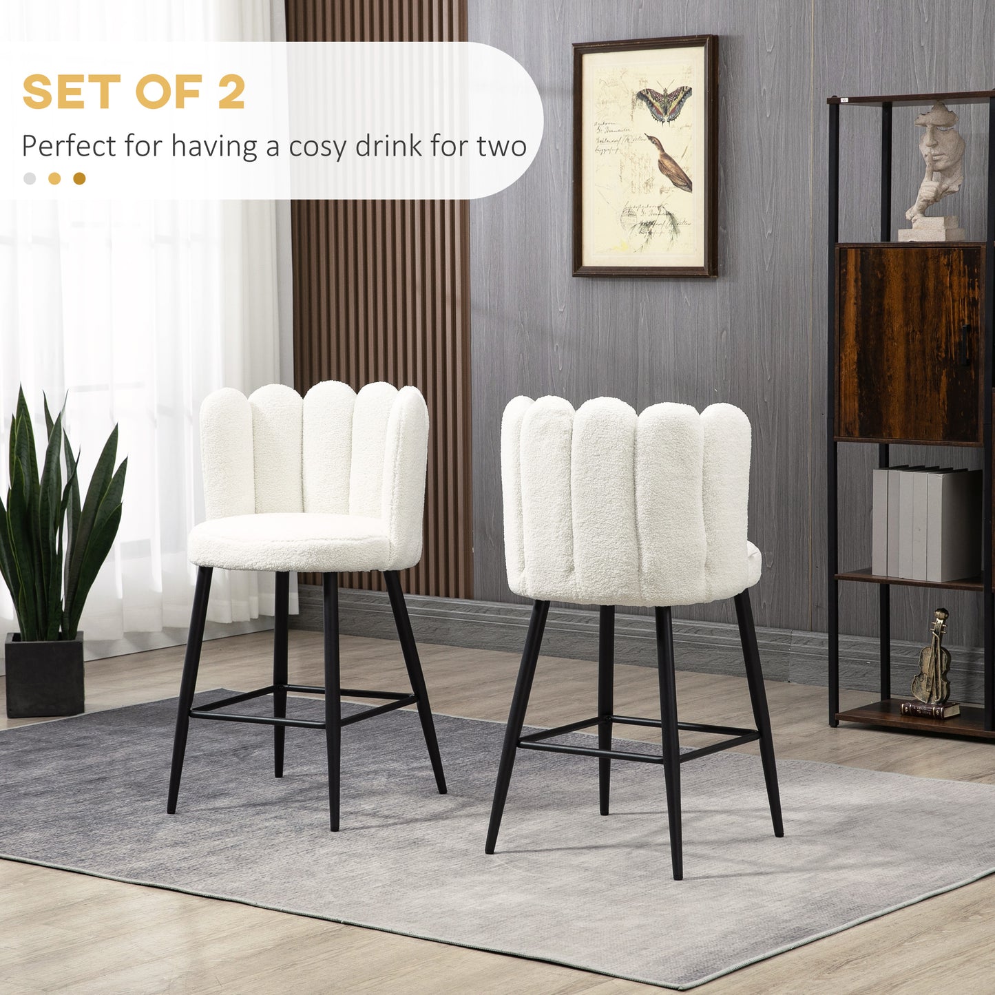 HOMCOM Bar Stools Set of 2, Modern Boucle Upholstered Shell Barstools, Breakfast Bar Chairs with Backrest, Footrest and Steel Base for Kitchen Counter, Cream