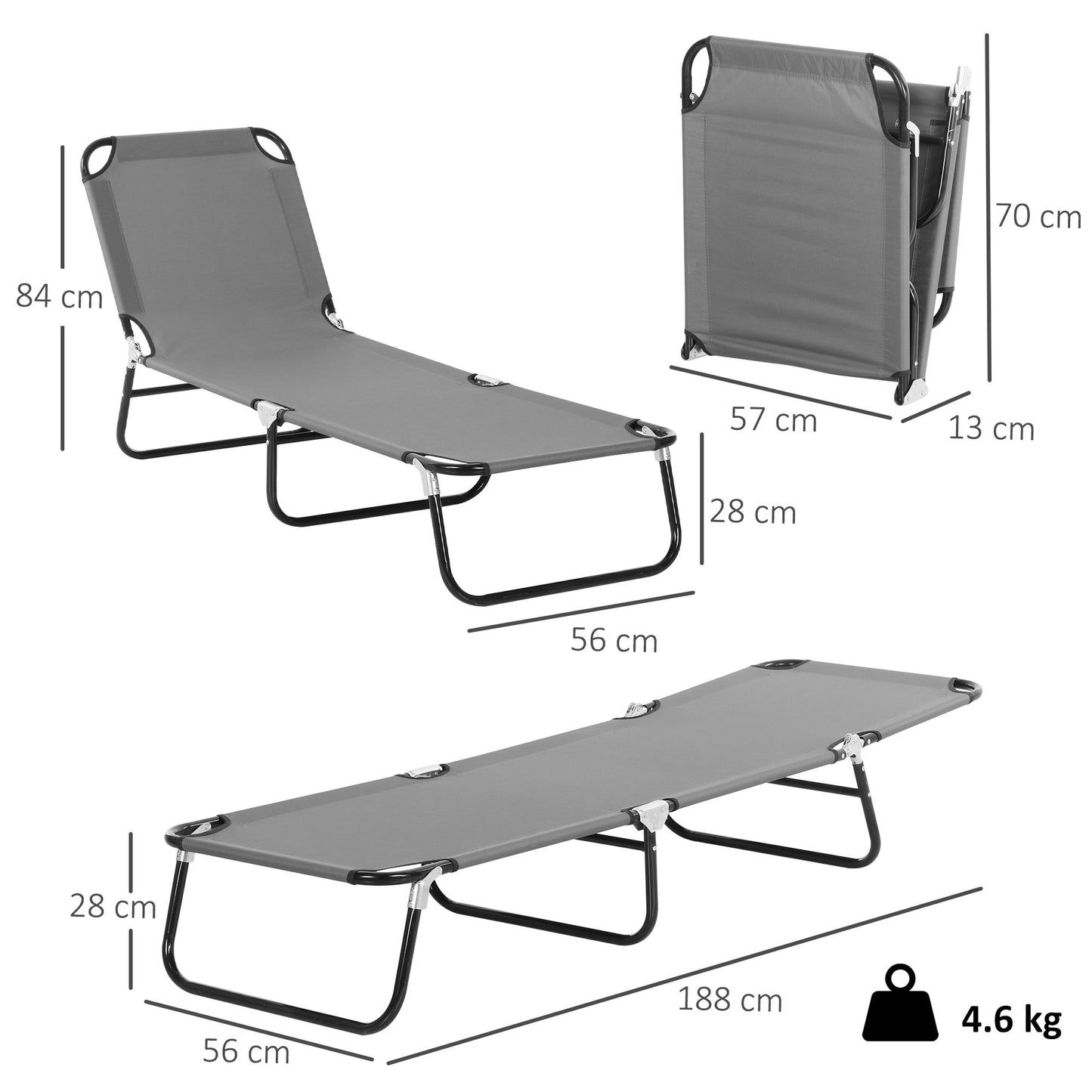 Outsunny Foldable Sun Lounger with 5-Position Adjustable Backrest, Outdoor Portable Recliner Chaise Lounge Chair with Oxford Fabric for Patio, Beach, Garden, Camping, Grey