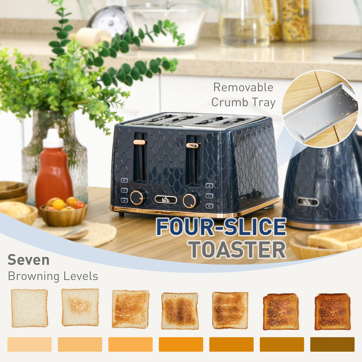 Blue four-slice toaster with removable crumb tray and seven browning settings