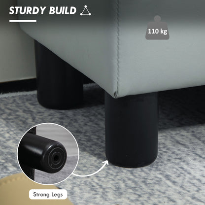 Grey footstool close-up showing a sturdy black leg and 110 kg capacity