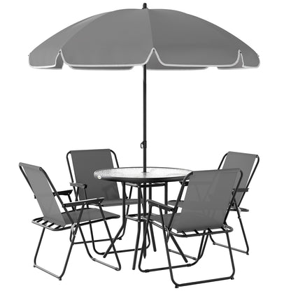 Outsunny six-piece garden dining set with four gray folding chairs, round glass table, and parasol