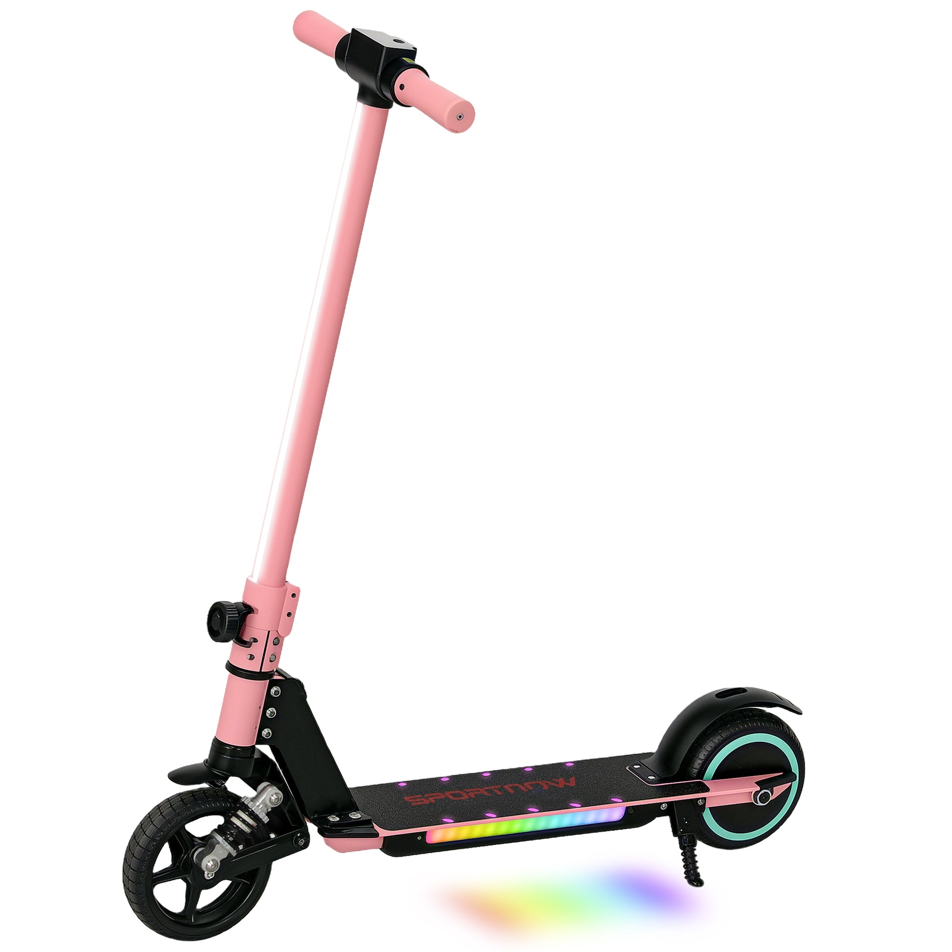 Photo of SPORTNOW Folding Electric Scooter for Kids, with Dual Brakes, Front Suspension, LED Colourful Lights, Pink in Pink colour on a white background