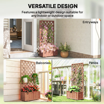 Wooden raised planter with trellis shown in entryway, balcony, and patio settings