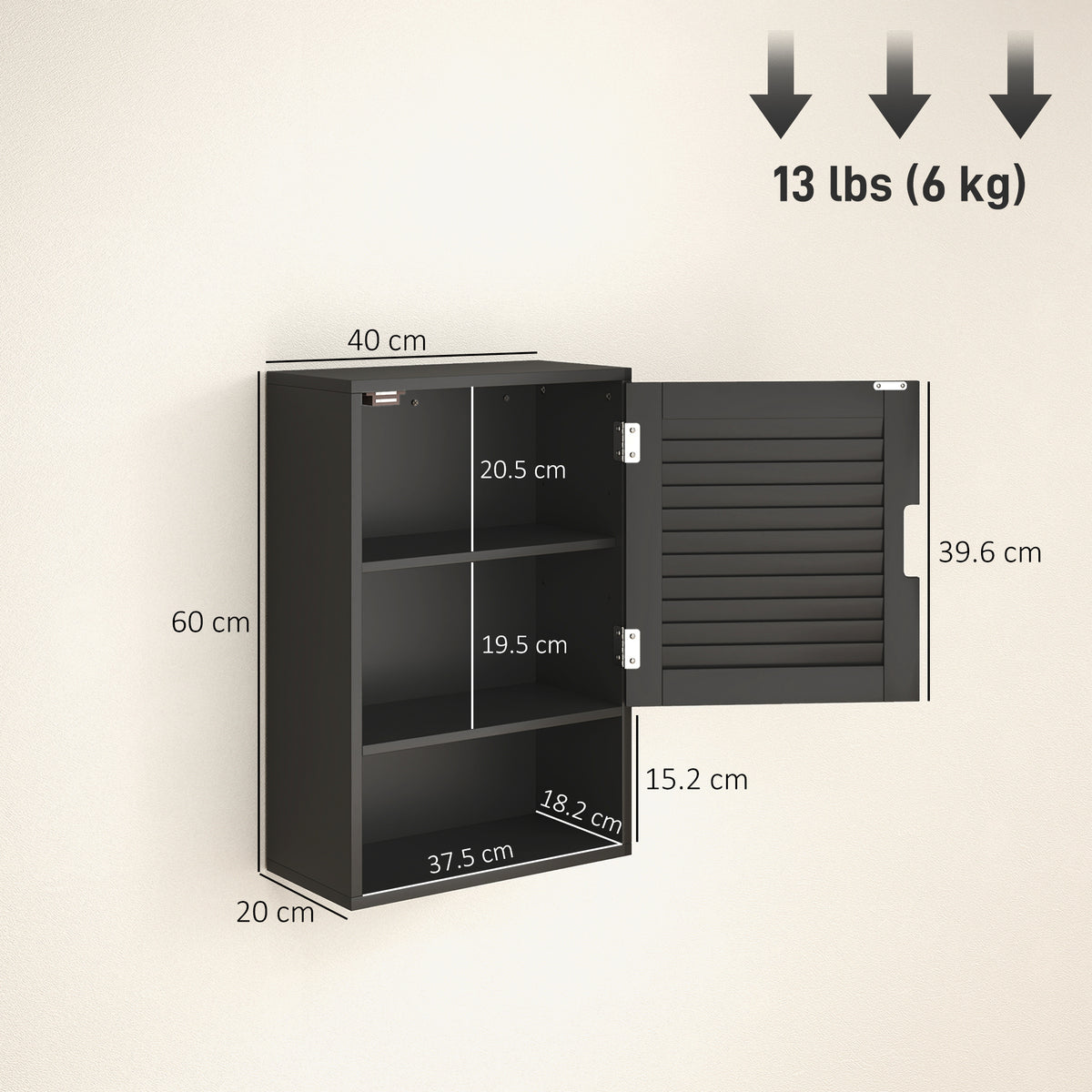 HOMCOM Bathroom Cabinet, Wall Mounted Storage Cabinet with Adjustable Shelves, 40 x 20 x 60 cm, Black
