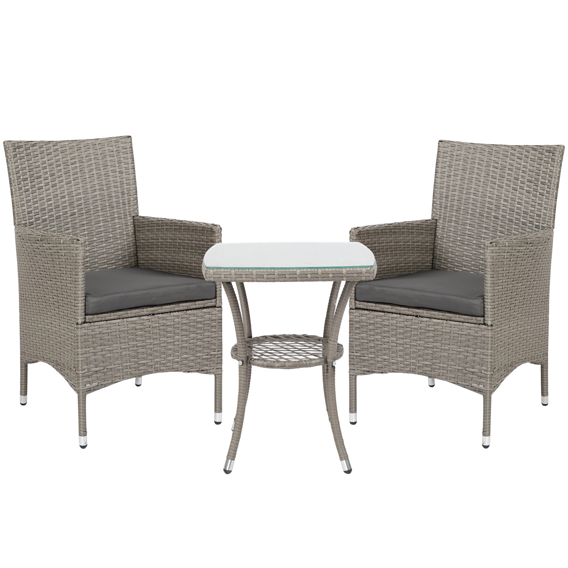 Photo of Outsunny 3 Pieces Rattan Bistro Set, Wicker Garden Furniture Set with 2-Tier Coffee Table and Chairs, Washable Cushions, for Outdoor Patio Balcony, Grey in Grey colour on a white background