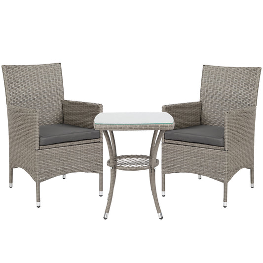 Photo of Outsunny 3 Pieces Rattan Bistro Set, Wicker Garden Furniture Set with 2-Tier Coffee Table and Chairs, Washable Cushions, for Outdoor Patio Balcony, Grey in Grey colour on a white background