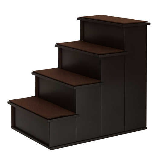 Photo of PawHut 4 Step Dog Steps for Bed, Wooden Dog Steps for Sofa, Pet Stairs for Bed Couch with Non-Slip Carpet for Cats and Puppies, 40 x 59 x 54.2 cm, Dark brown in brown colour on a white background