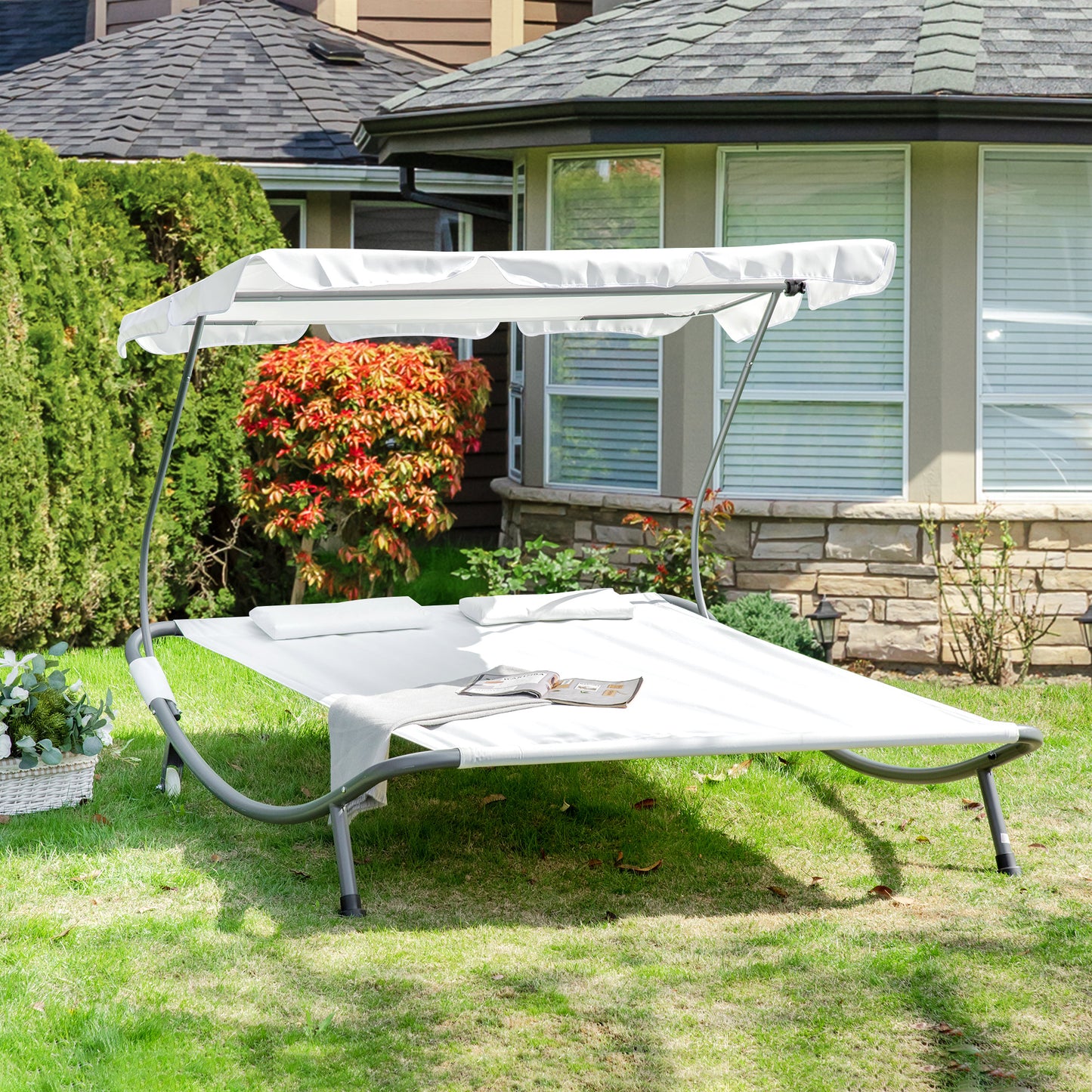 Outsunny Double Sun Lounger with Adjustable Detachable Canopy, Portable Garden Daybed for 2 with Wheels, Outdoor Sunbed Hammock with 2 Pillows, 220 KG Max. Load, White