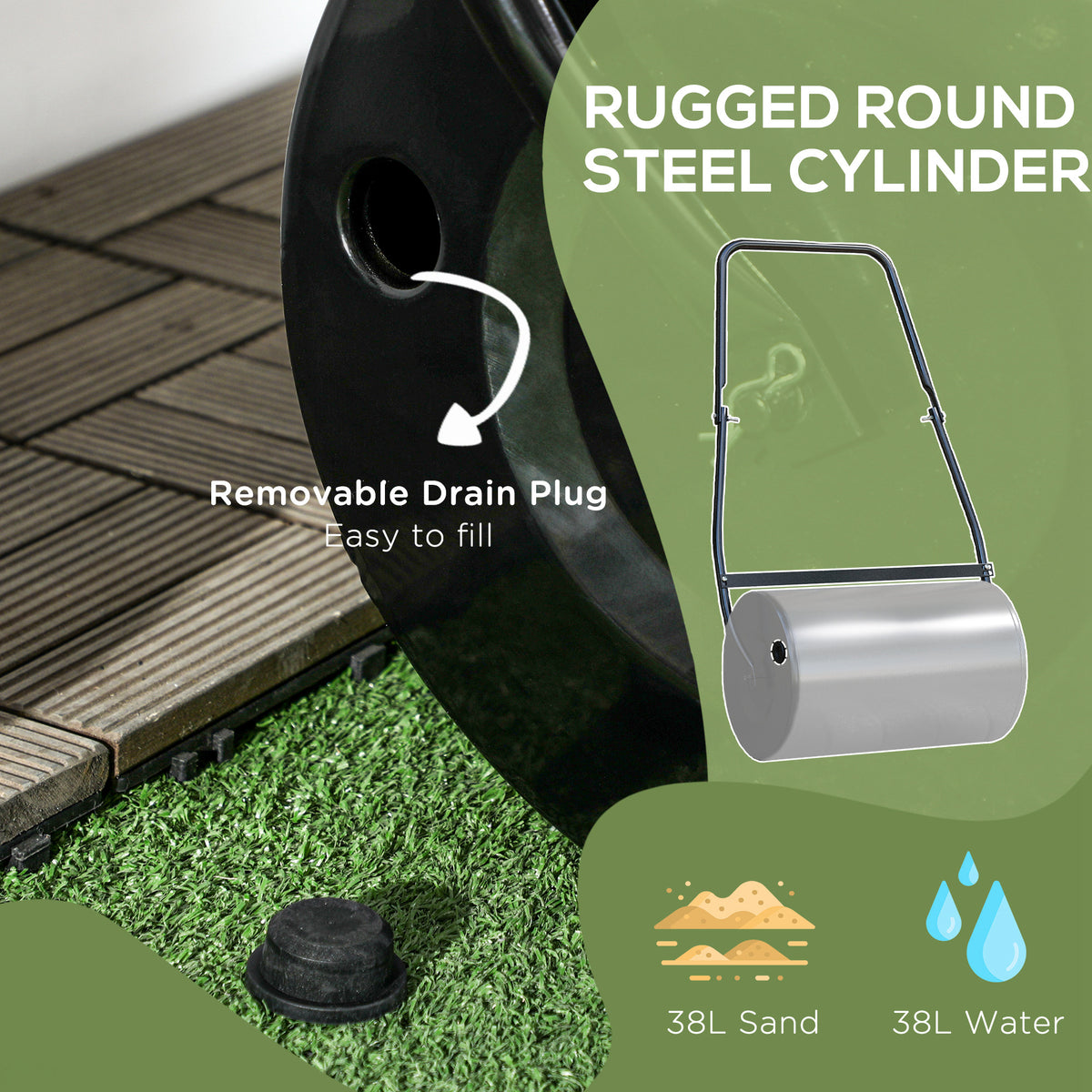 DURHAND steel lawn roller with removable drain plug for filling