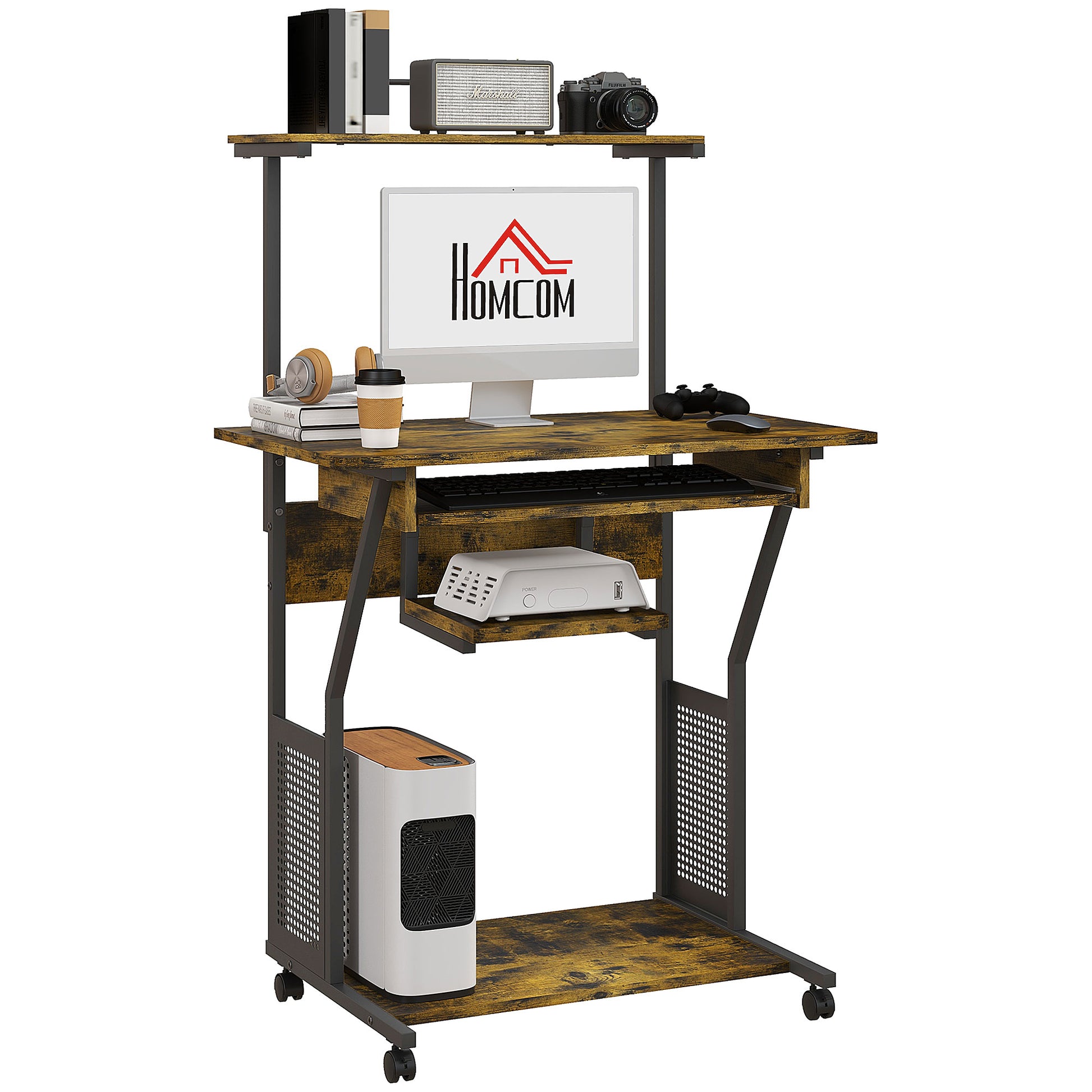 Photo of HOMCOM Multi-Storage Work Desk, with Sliding Keyboard Tray - Brown/Black in Brown/Black colour on a white background