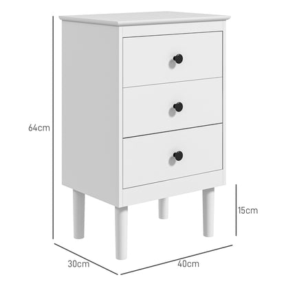 White bedside table with three drawers, black knobs, and tapered legs; dimensions shown