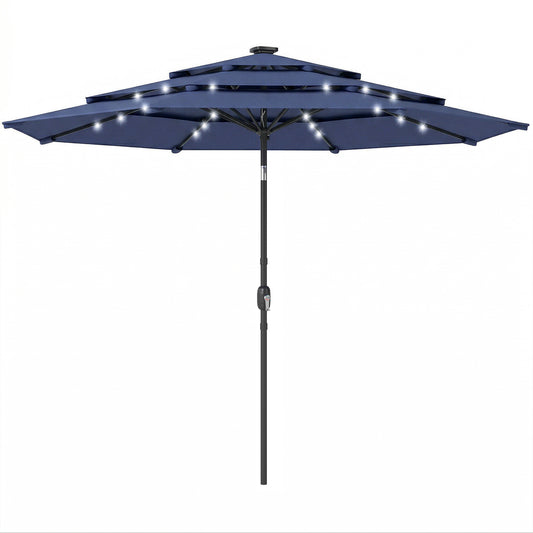 Photo of Outsunny 2.8 m Garden Parasol Umbrella with LED Solar Light, Parasol Cover, 3 Tier Outdoor Table Market Patio Umbrella, Navy Blue in Blue colour on a white background