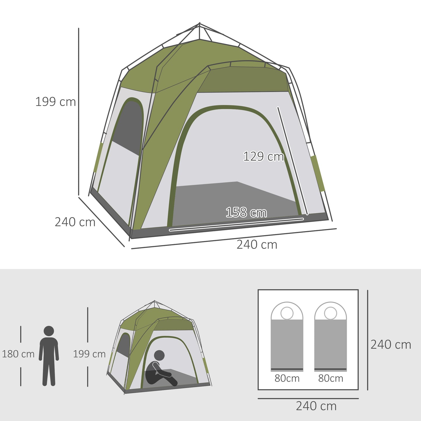 Outsunny Instant Pop Up Camping Tent, 3 Man Dome Tent with 4 Doors, Sewn-in Groundsheet, Carry Bag and Top Hook for Fishing Hiking Festival, Green