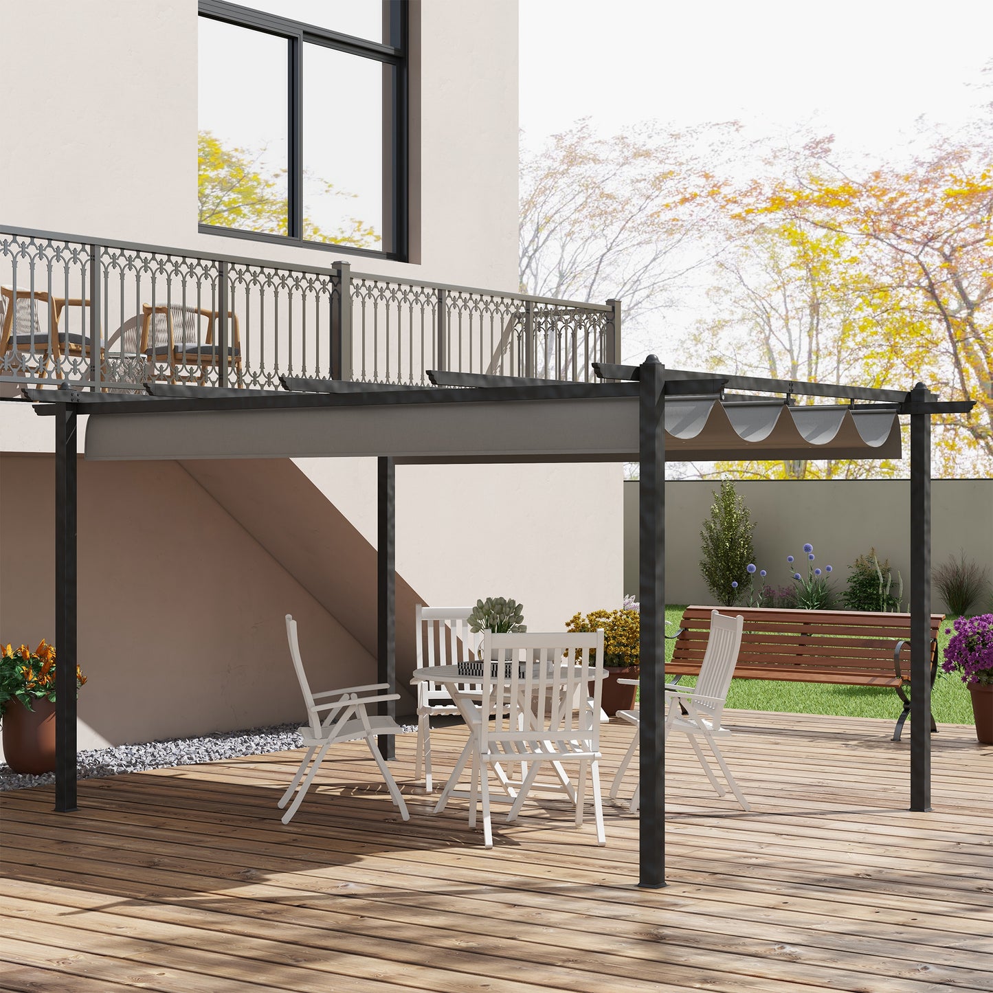 Outsunny 4 x 3m Aluminium Pergola with Retractable Roof, Modern Outdoor Gazebo Canopy Shelter for Patio Lounge, Garden Dining & Outdoor Living, Grey