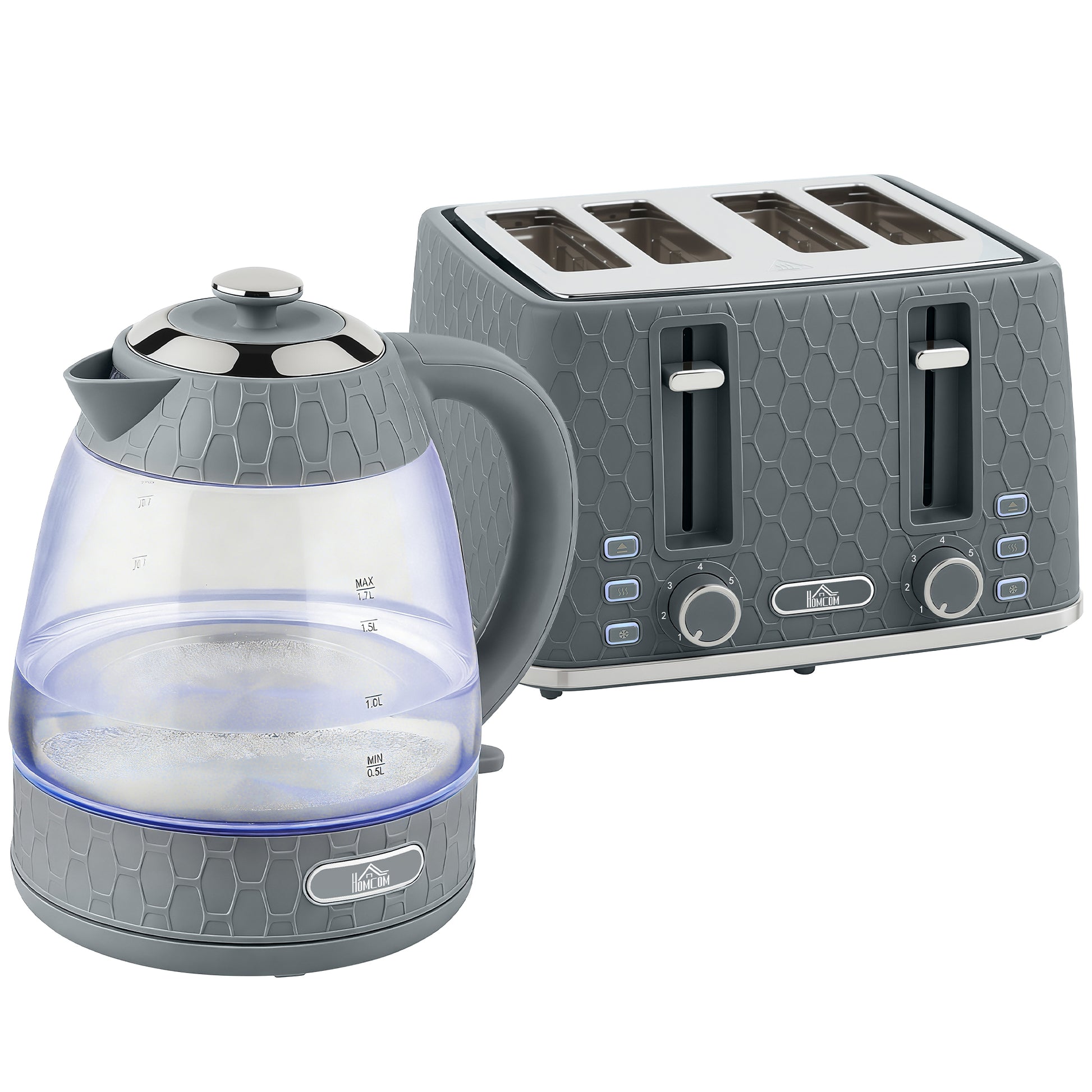 Photo of HOMCOM Kettle and Toaster Set, 1.7L 3000W Rapid Kettle with Strix Thermostat, 4 Slice Toaster with 7 Browning Controls, Grey in Grey colour on a white background