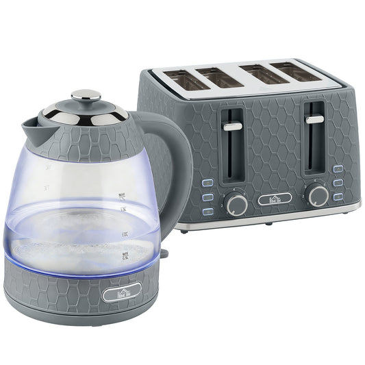 Photo of HOMCOM Kettle and Toaster Set, 1.7L 3000W Rapid Kettle with Strix Thermostat, 4 Slice Toaster with 7 Browning Controls, Grey in Grey colour on a white background