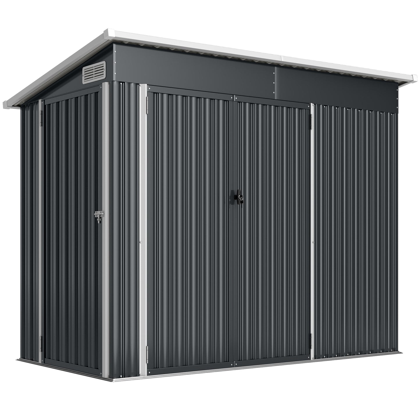 Photo of Outsunny 7.5 x 4.3ft Metal Garden Storage Shed, Waterproof Outdoor Shed with Triple Lockable Door, Gloves, Vents, Dark Grey in Grey colour on a white background