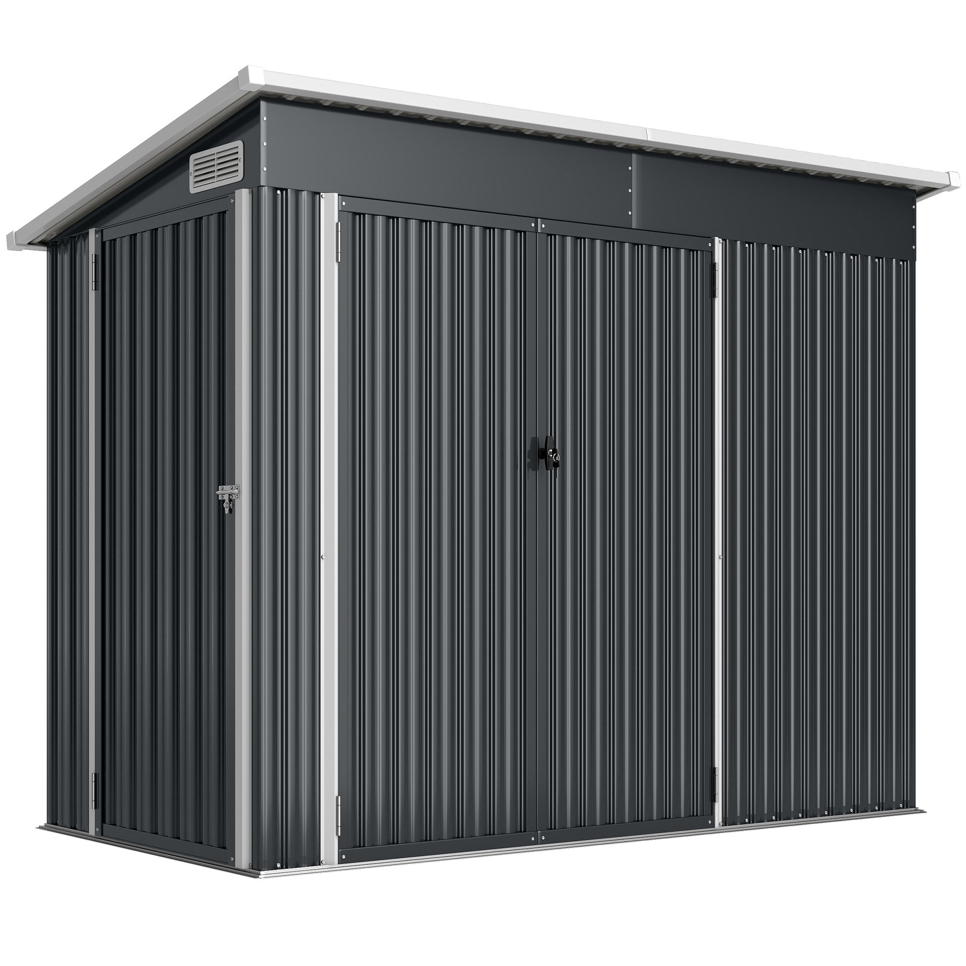 Photo of Outsunny 7.5 x 4.3ft Metal Garden Storage Shed, Waterproof Outdoor Shed with Triple Lockable Door, Gloves, Vents, Dark Grey in Grey colour on a white background