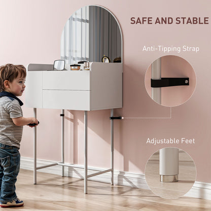 Dressing table with arched mirror, anti-tipping strap and adjustable feet