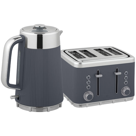 Photo of HOMCOM Electric Stainless Steel Kettle and Toaster Set, 3000W 1.7L UK Strix Thermostat Fast Boil Kettle w/ Limescale Filter, Cool Touch Body, 4 Slice Toaster with 7 Browning Levels, Crumb Tray, Grey in Grey colour on a white background
