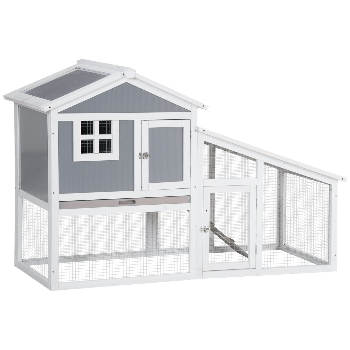 Photo of PawHut Two-Tier Rabbit Hutch, with Sunlight Panel Roof, Slide-Out Tray - Grey in Grey colour on a white background
