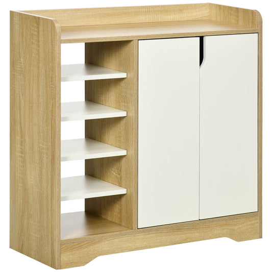 Photo of HOMCOM Shoe Storage with Double Doors and Open Shelves 13 Pair Shoe Storage Organizer for Entryway Hallway Natural and White in White colour on a white background