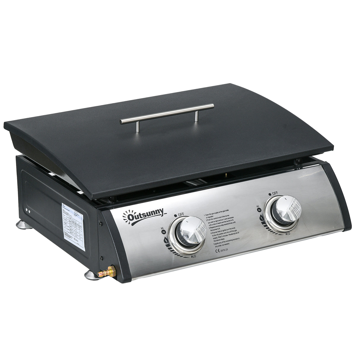 Photo of Outsunny Gas Plancha Barbecue Grill with 2 Stainless Steel Burner, 5kW, Portable Tabletop Gas BBQ with Non-Stick Griddle for Camping Picnic Garden Party Festival in Festival colour on a white background