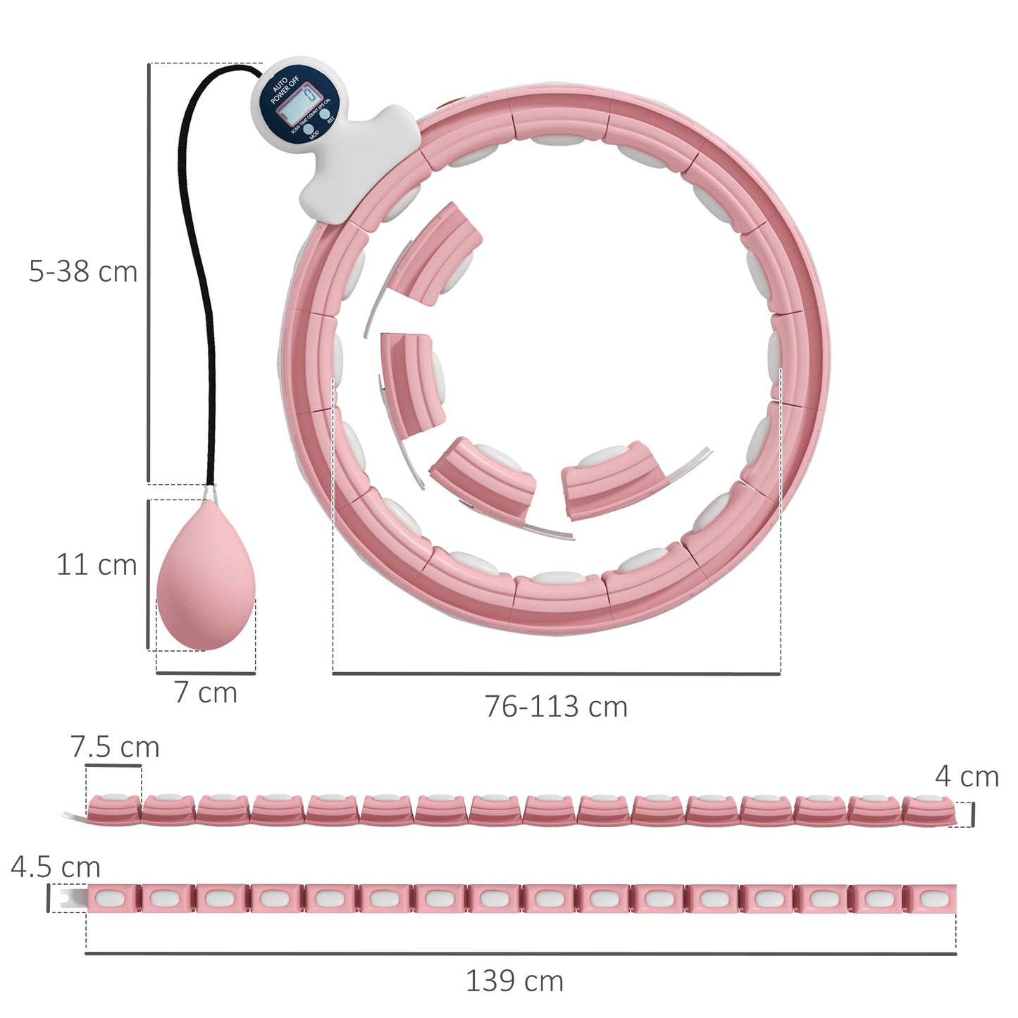 SPORTNOW Smart Weighted Hula Hoop, Massage Hula Ring w/ 16 Detachable Knots, 360° Auto-Rotating Ball, Digital Counter, Pink