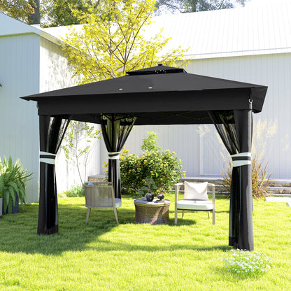 Black pop-up gazebo with a peaked double roof and tied-back curtains