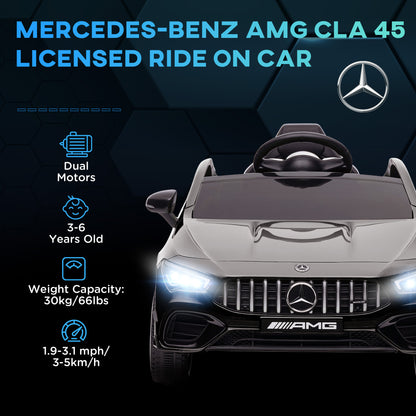 Front view of the black Mercedes-Benz AMG CLA 45 kids' ride-on car with headlights on