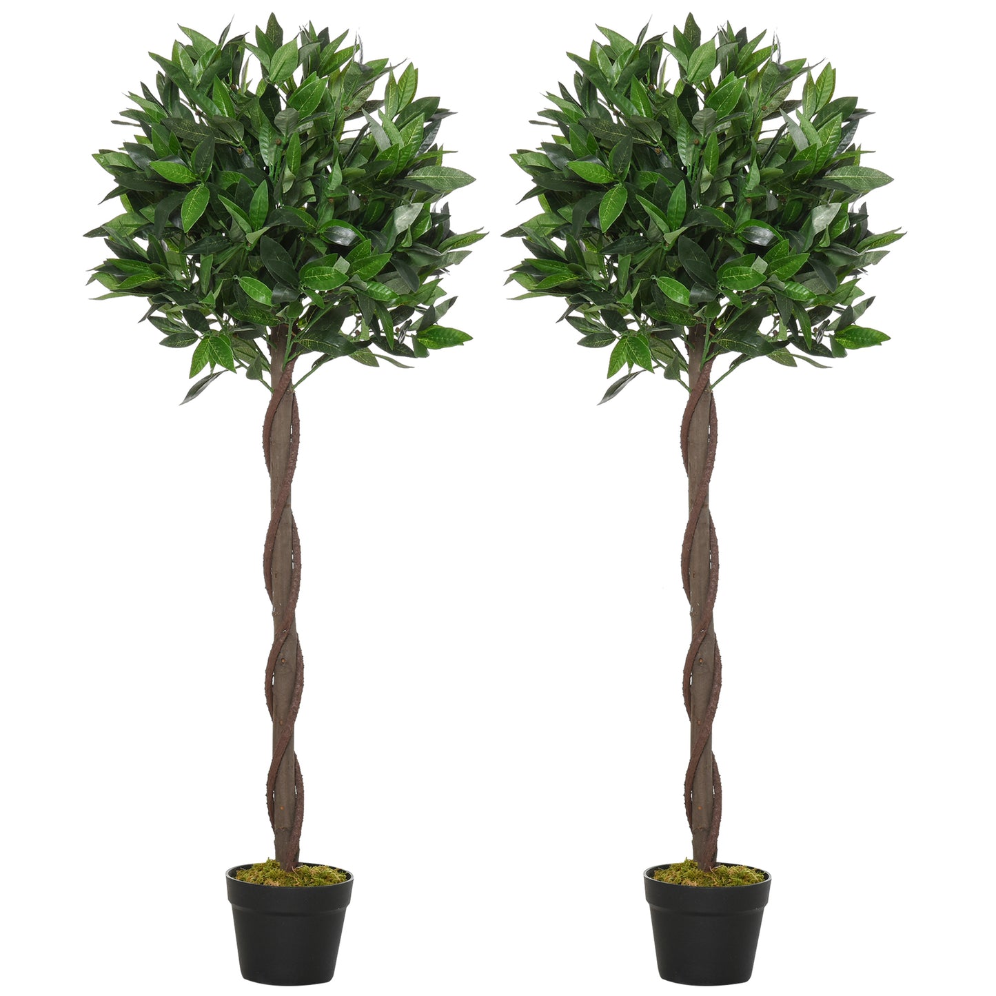 Photo of Outsunny Artificial Bay Laurel Topiary Trees with Twisted Trunk, Realistic Lush Topiary Ball Tree with Weighted Pot, 120cm Indoor Greenery Plant for Home Office Garden Decor, Set of 2, Green in Green colour on a white background