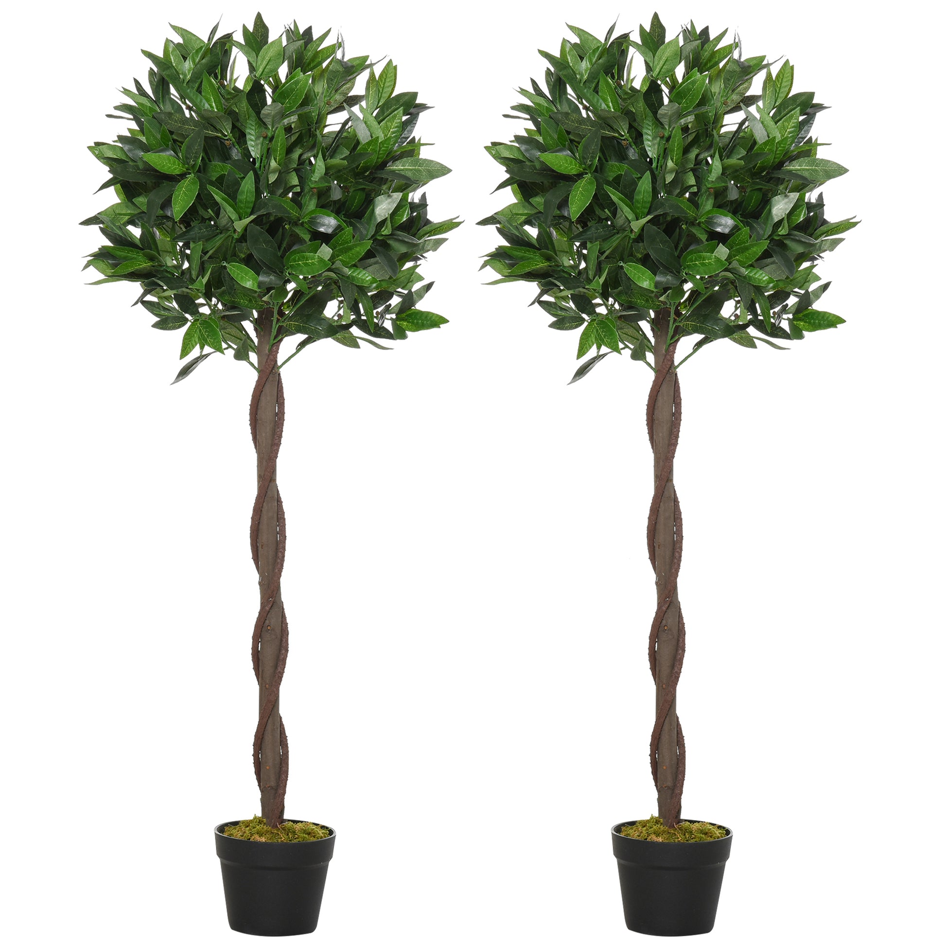 Photo of Outsunny Artificial Bay Laurel Topiary Trees with Twisted Trunk, Realistic Lush Topiary Ball Tree with Weighted Pot, 120cm Indoor Greenery Plant for Home Office Garden Decor, Set of 2, Green in Green colour on a white background