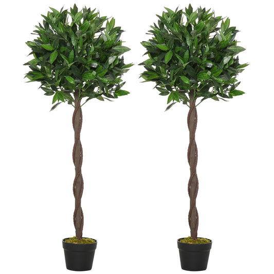 Photo of Outsunny Artificial Bay Laurel Topiary Trees with Twisted Trunk, Realistic Lush Topiary Ball Tree with Weighted Pot, 120cm Indoor Greenery Plant for Home Office Garden Decor, Set of 2, Green in Green colour on a white background