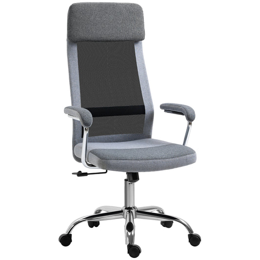 Photo of Vinsetto Office Chair, Ergonomic Desk Chair, High Back Computer Chair with Adjustable Height, Swivel Rolling Wheels, Mesh Back and Linen-Feel Fabric Seat for Home and Study, Grey in Grey colour on a white background