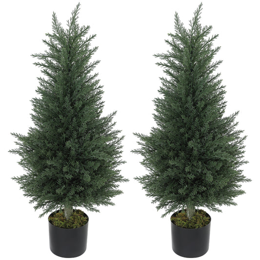 Photo of HOMCOM Artificial Cypress Tree, 90 cm Fake Cypress Tree with Plastic Pots, UV-Resistant Faux Plants for Garden Front Porch Decoration, 2 Pack in Pack colour on a white background
