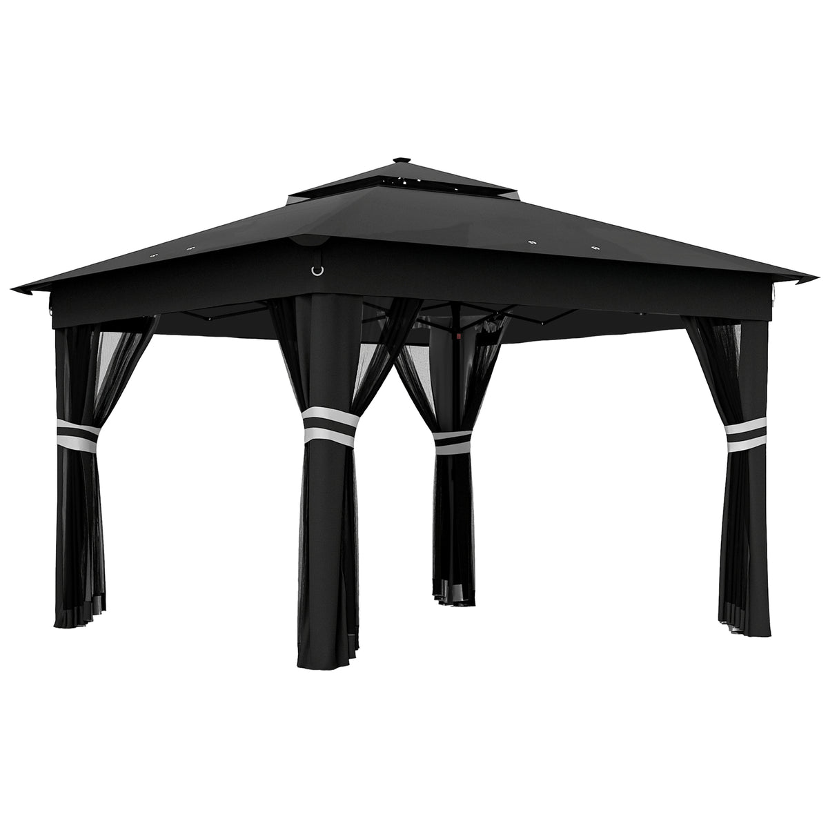 Black pop-up gazebo with a peaked double roof and tied-back curtains