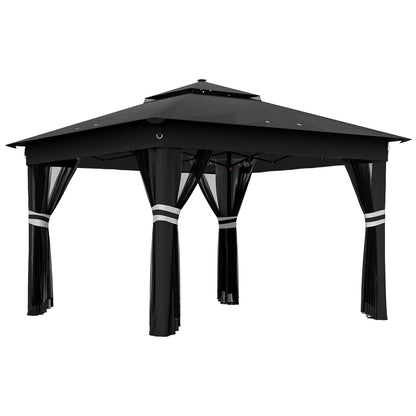 Black pop-up gazebo with a peaked double roof and tied-back curtains