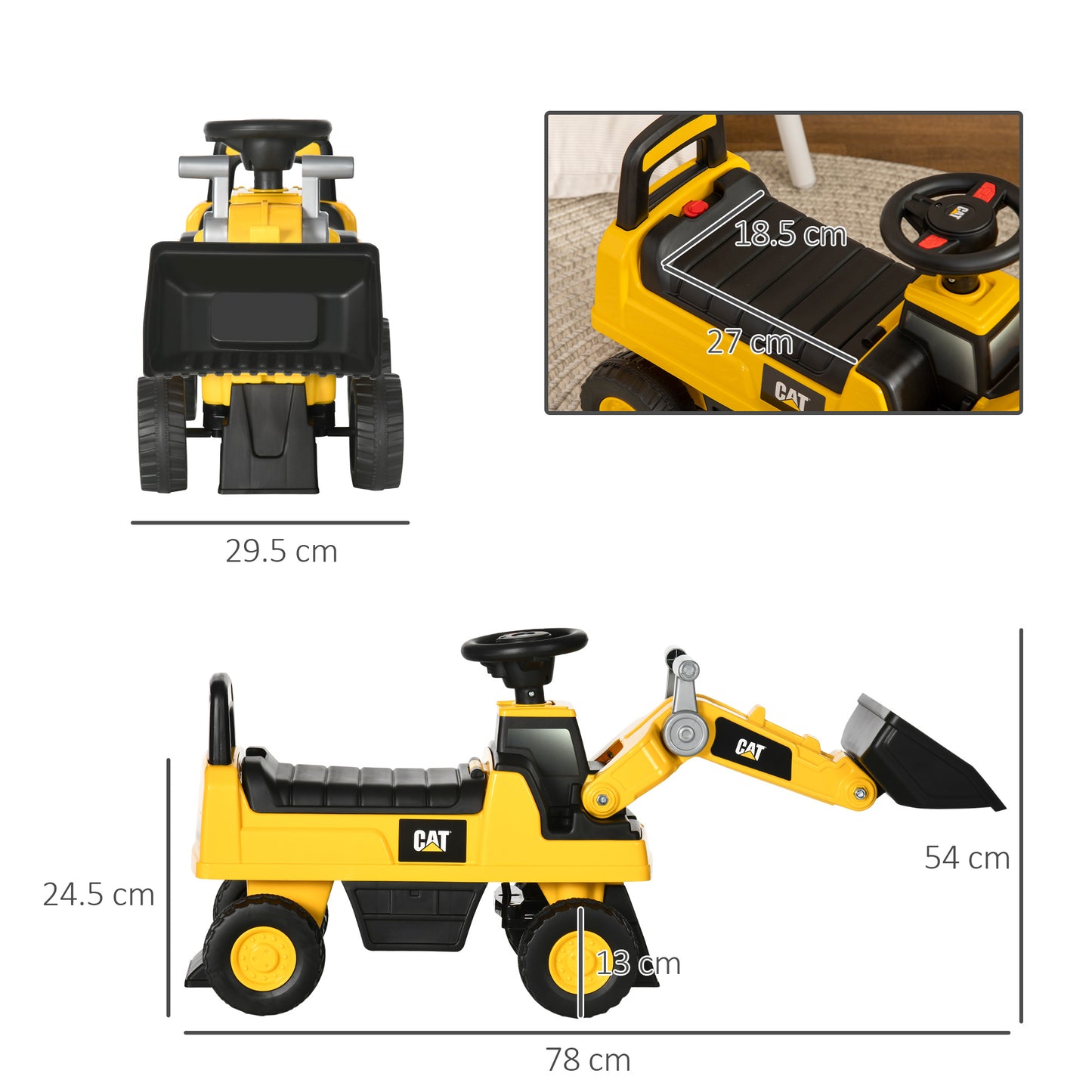 HOMCOM Ride on Tractor, CAT Licensed Kids Ride On Digger Excavator, Construction Toy Car with Adjustable Bucket, Horn, for Ages 1.5-3 Years