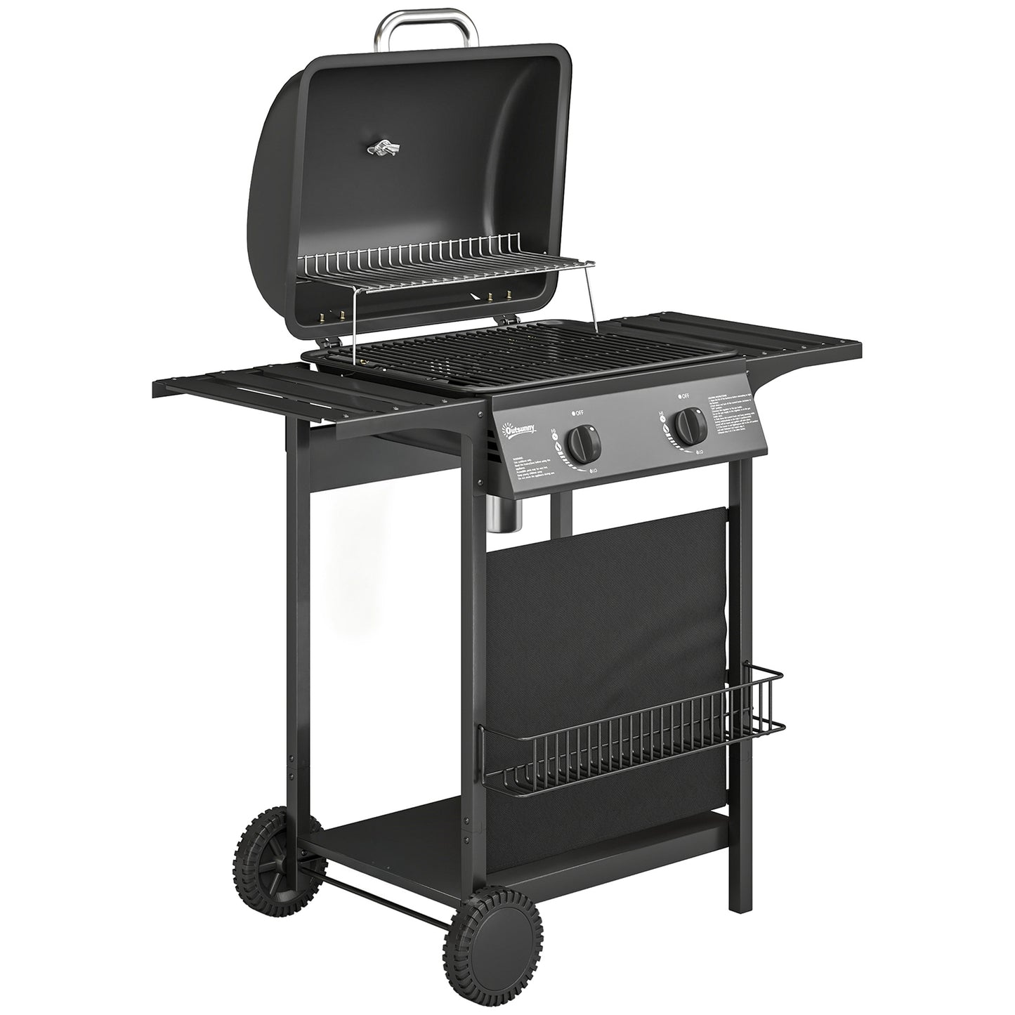 Photo of Outsunny Gas Burner Barbecue Grill, 2 Burner Gas Grill with Side Tables, Warming Rack, Shelf, Thermometer, Grease Tray, Black in Black colour on a white background
