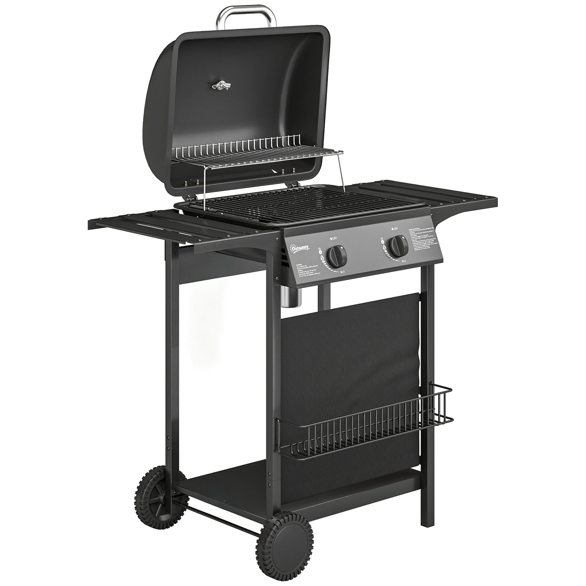 Photo of Outsunny Gas Burner Barbecue Grill, 2 Burner Gas Grill with Side Tables, Warming Rack, Shelf, Thermometer, Grease Tray, Black in Black colour on a white background