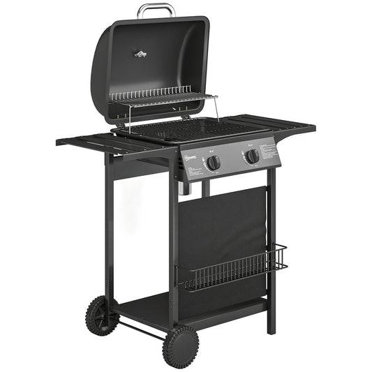 Photo of Outsunny Gas Burner Barbecue Grill, 2 Burner Gas Grill with Side Tables, Warming Rack, Shelf, Thermometer, Grease Tray, Black in Black colour on a white background