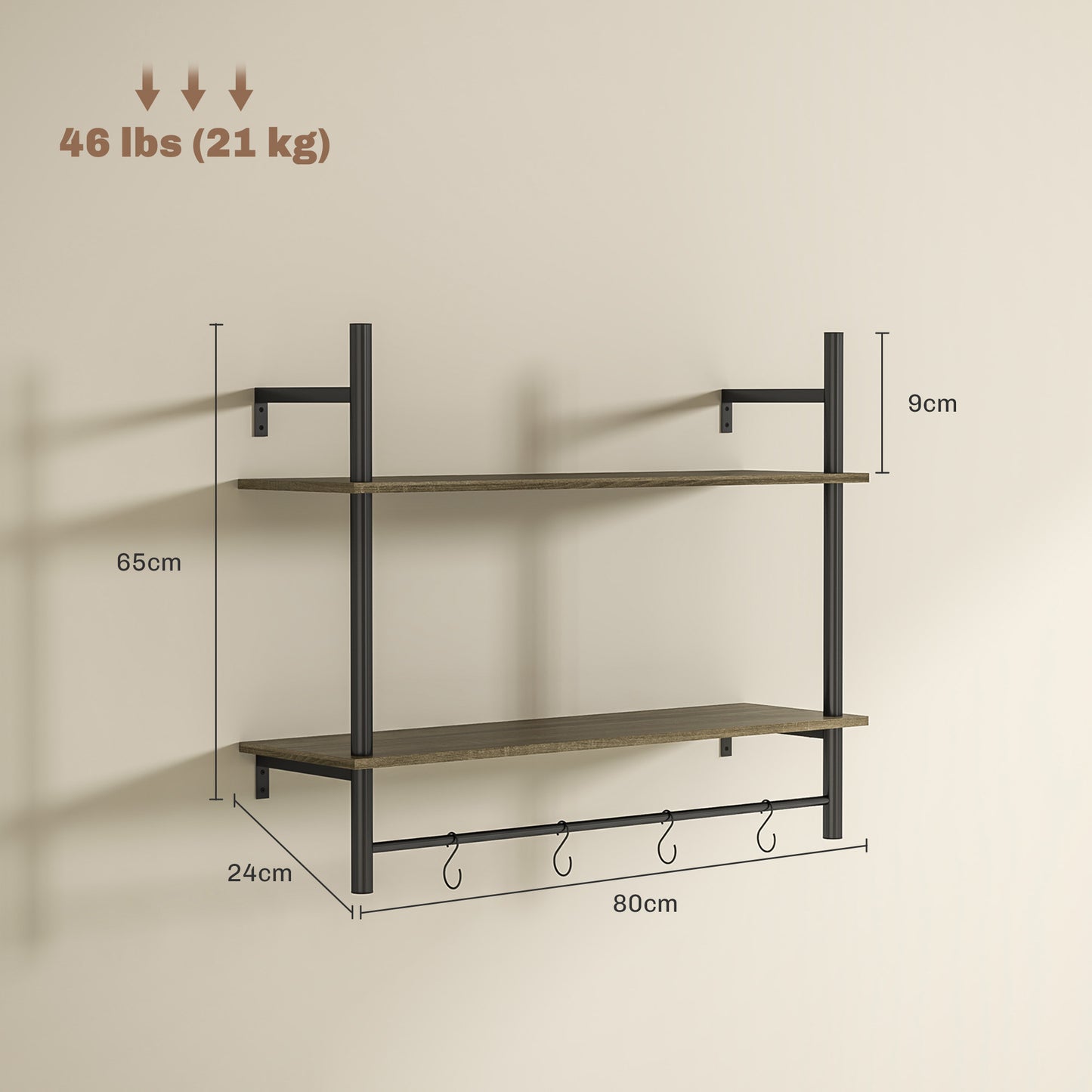 HOMCOM Wall Mounted Floating Shelves with 4 Hooks, Rustic Wall Shelf Unit for Living Room, Entryway, Grey