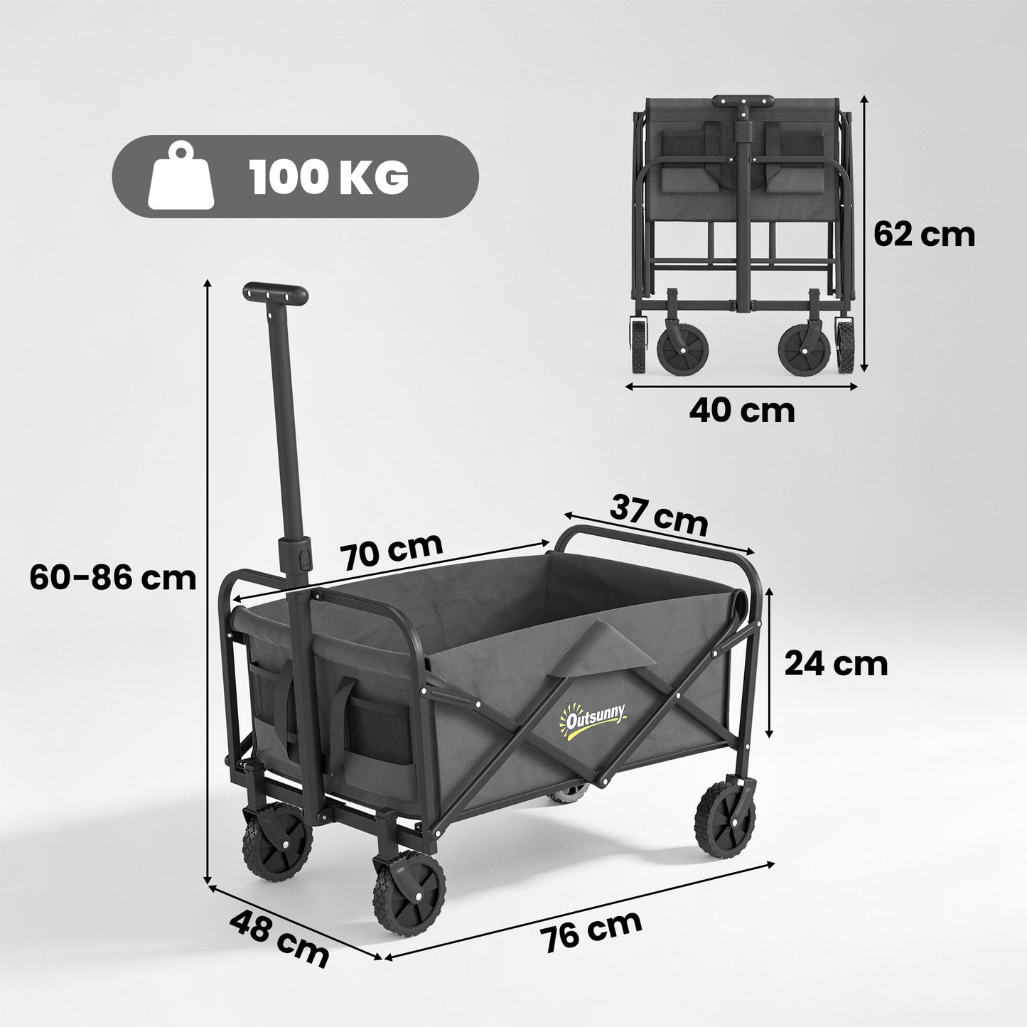 Outsunny 93L Festival Trolley on Wheels, Garden Folding Trolley Cart, 120kg Heavy Duty Collapsible Folding Wagon with Adjustable Handle and Carrying Bag for Beach, Camping, Festival, Grey