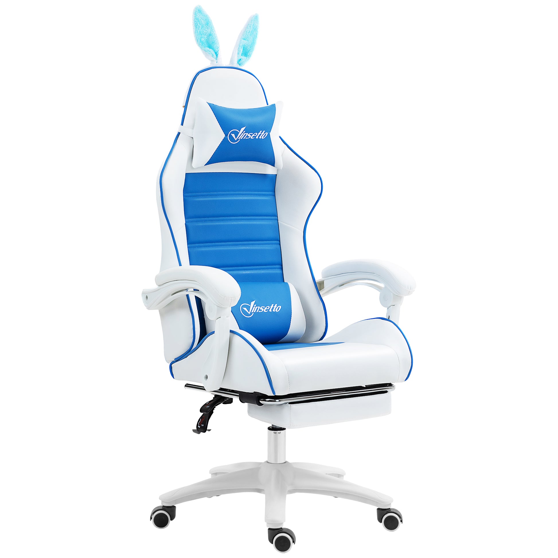 Photo of Vinsetto Racing Gaming Chair, Reclining PU Leather Computer Chair with Removable Rabbit Ears, Footrest and Lumber Support, Blue in Blue colour on a white background
