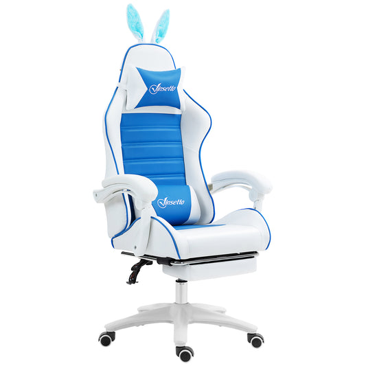 Photo of Vinsetto Racing Gaming Chair, Reclining PU Leather Computer Chair with Removable Rabbit Ears, Footrest and Lumber Support, Blue in Blue colour on a white background
