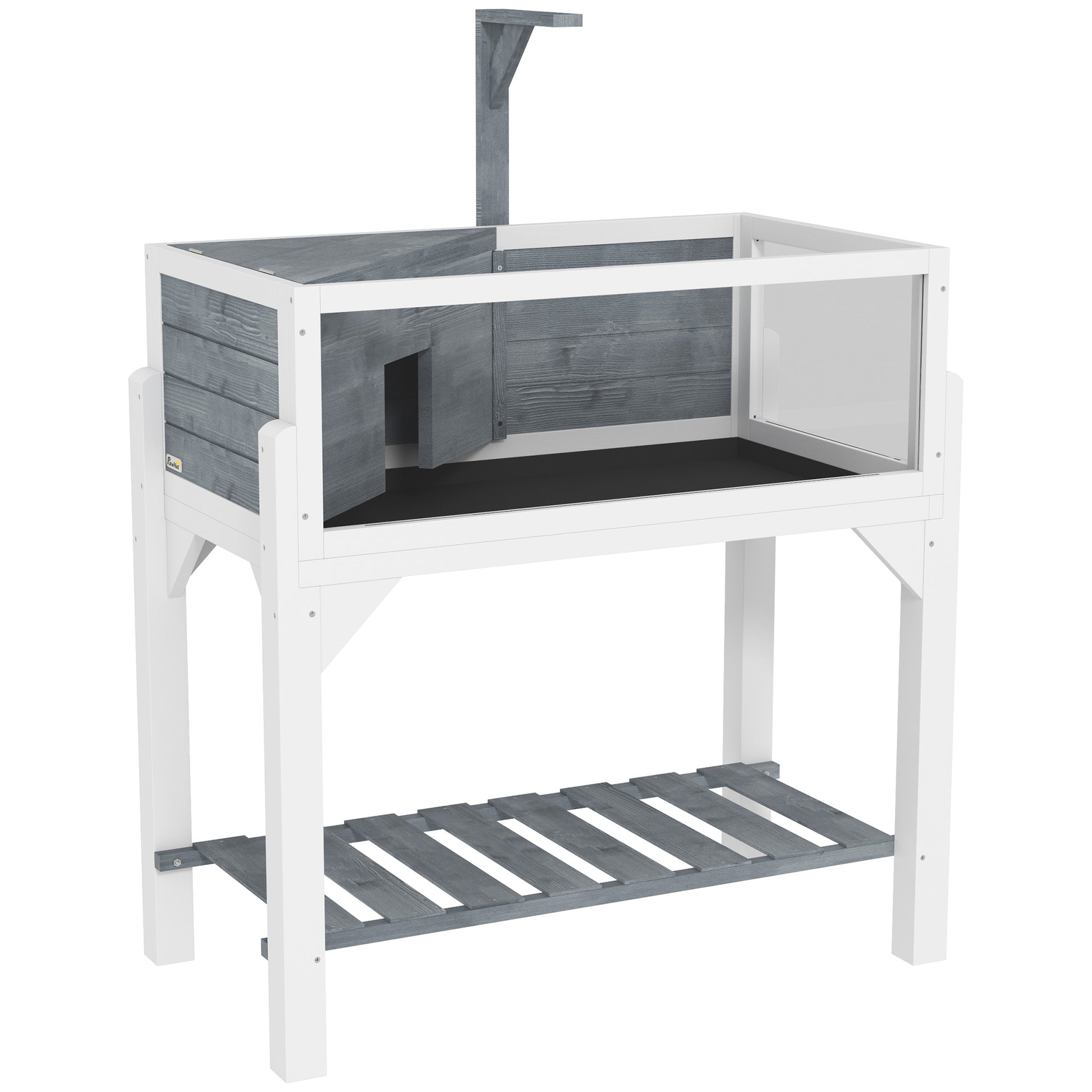 Photo of PawHut Wooden Tortoise House with Storage Shelf, Clear Observation Windows, Lamp Holder, Openable Top, Built-in Tray, Grey in Grey colour on a white background